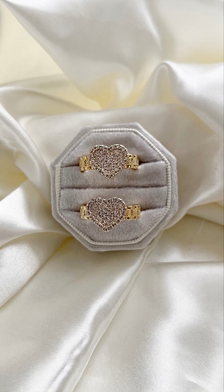 Heart on a Roll Ring - gold pavé heart rings in velvet octagon box