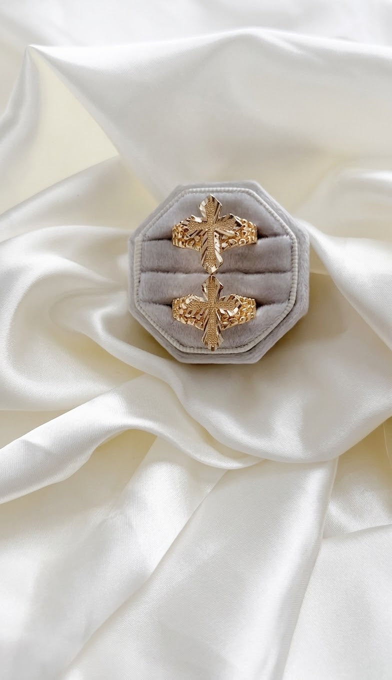 Walk by Faith Ring - gold cross nugget rings in velvet octagon box