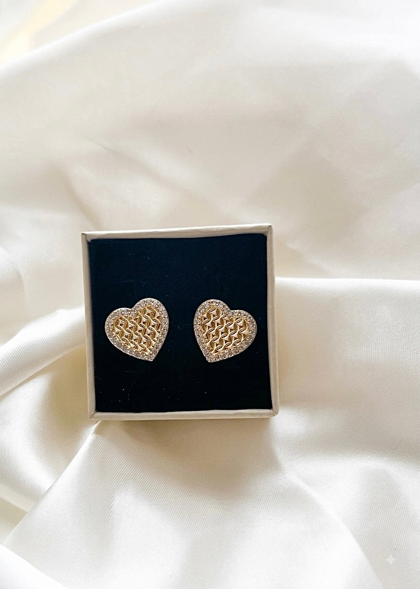 Golden Crush Earrings - gold pave heart stud earrings in black jewelry box