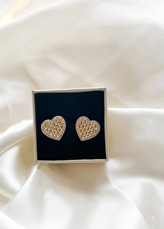 Golden Crush Earrings - gold pave heart stud earrings in black jewelry box