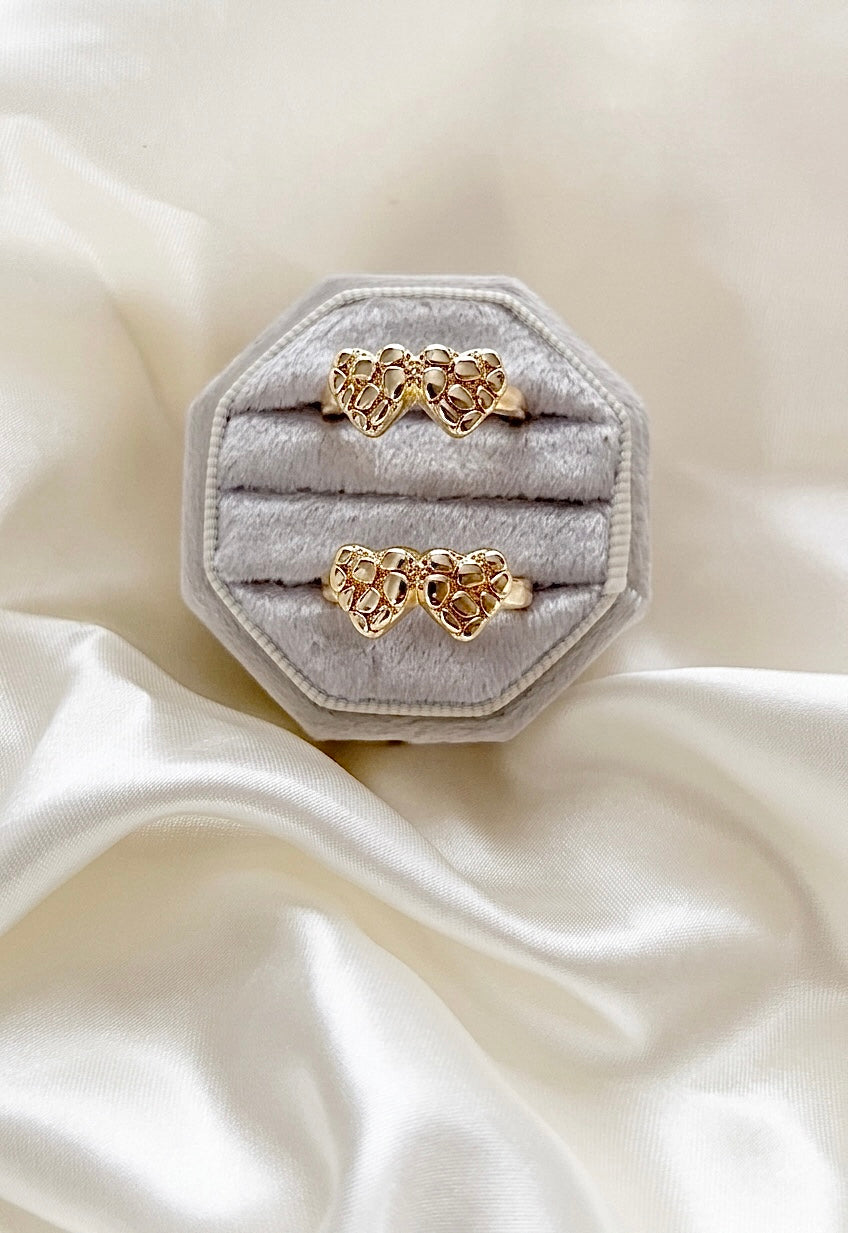 Heart to Heart Ring - gold heart nugget rings on velvet ring box