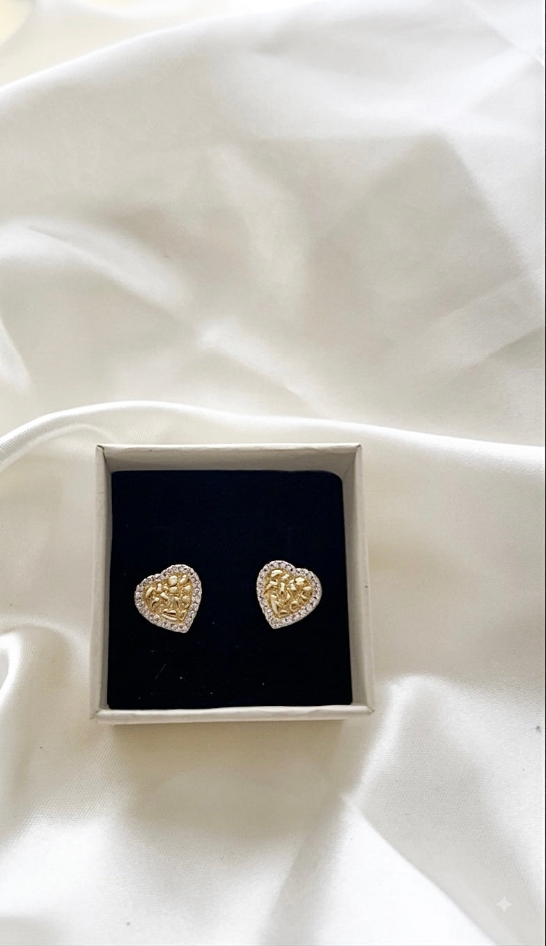 Golden Crush Earrings - gold nugget heart studs with pave border in black jewelry box