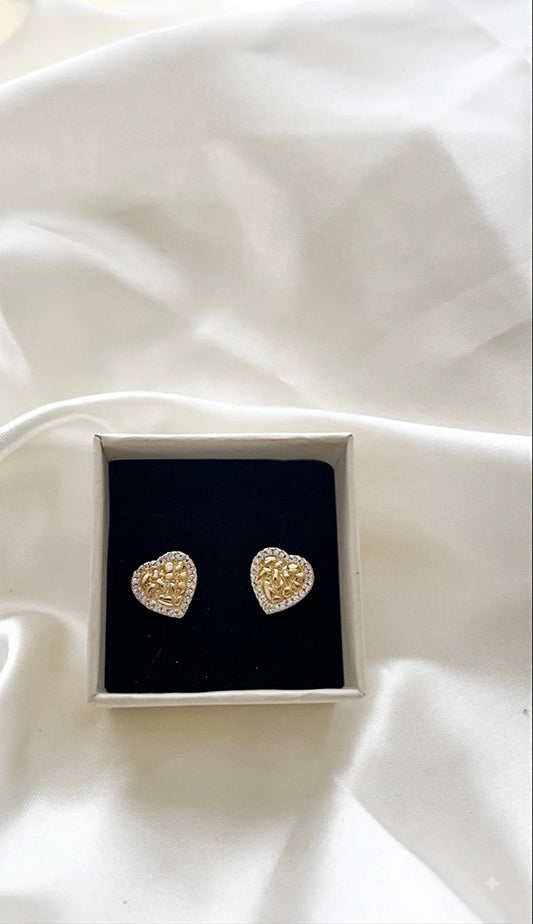 Golden Crush Earrings - gold nugget heart studs with pave border in black jewelry box