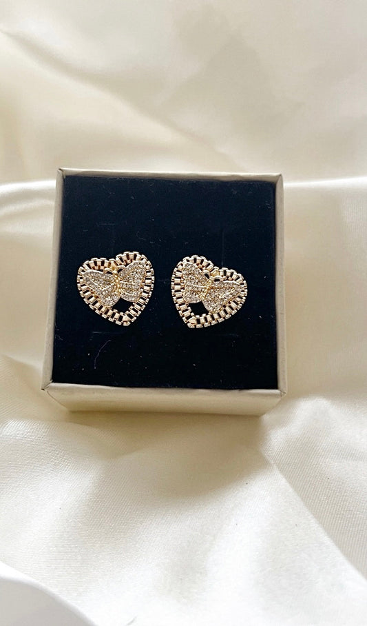 Butterfly Rolex Studs - gold butterfly pave heart stud earrings in black jewelry box