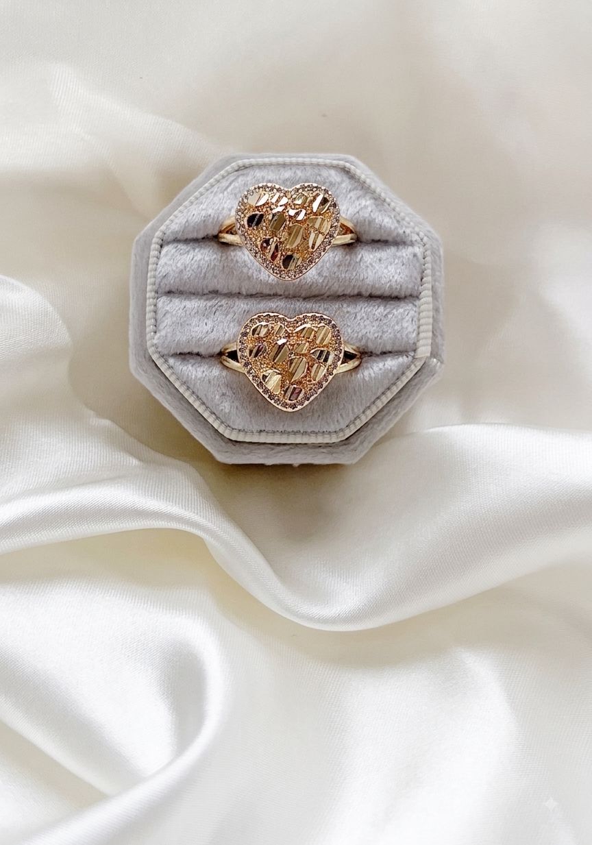Treasured Heart Ring - gold nugget heart rings with pave border on velvet ring box