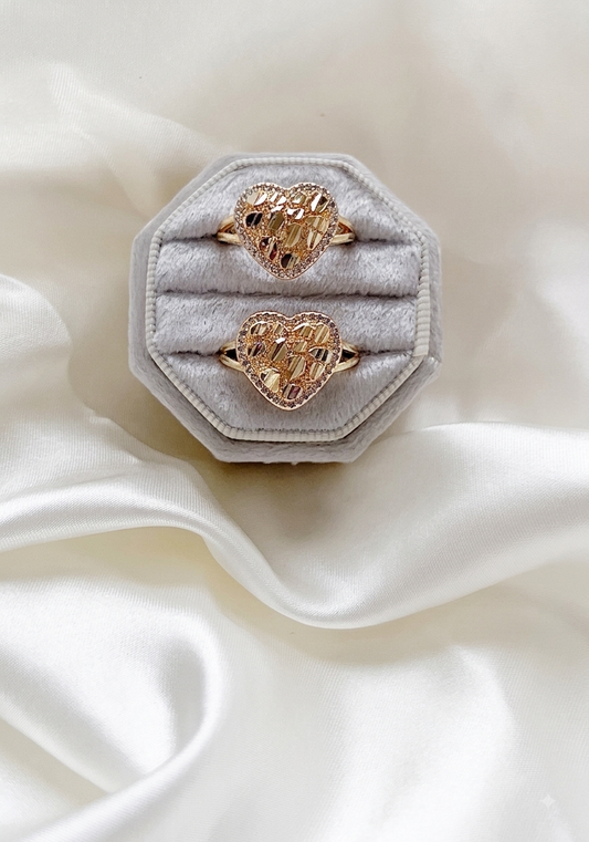 Treasured Heart Ring - gold nugget heart rings with pave border on velvet ring box