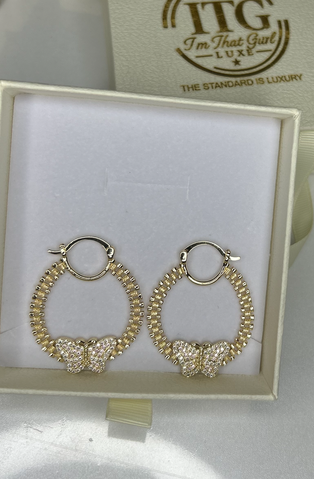 Butterfly Rollie Hoops in ITG Luxe signature gift box